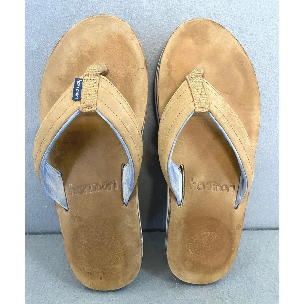 Hari Mari Fields Men 7 Tan Nubuck Leather Flip Flops Navy Blue Stripe Sandals
